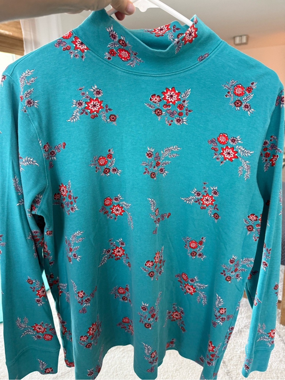 Lands End 100% Cotton Floral Mock Neck Long Sleeve Top Large 90's Inspo